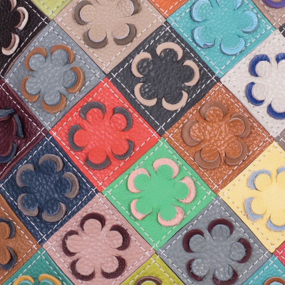 RUCSAC ZEVO DAMA MULTICOLOR PIELE NATURALA DETALIU FLORI BUZUNARE