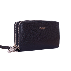 PORTOFEL ZEVO DAMA DUBLU NEGRU CU MANER PIELE NATURALA ACCESORII ARGINTII