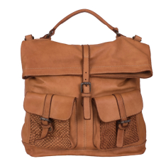 RUCSAC TIP GEANTA ZEVO DAMA CARAMEL PIELE NATURALA ASPECT VINTAGE DETALIU IMPLETITURA AMBROZIA